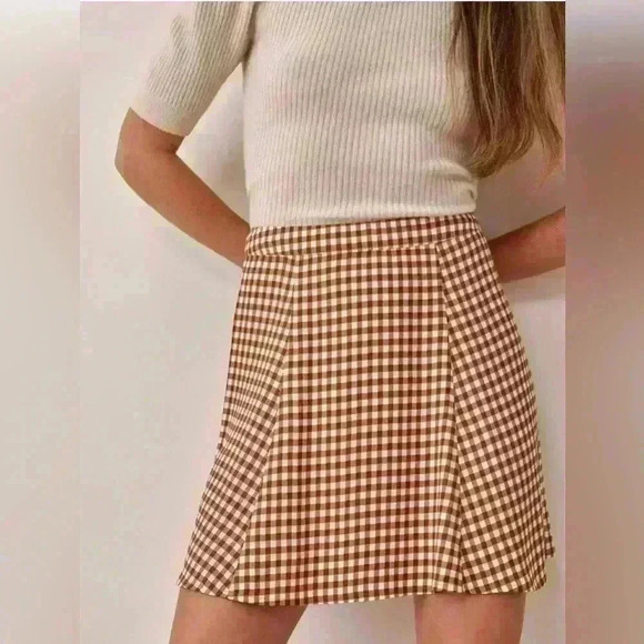 Reformation Flounce Mini Skirt in Chestnut Check | 0 | Checkered Skirt - Picture 1 of 5